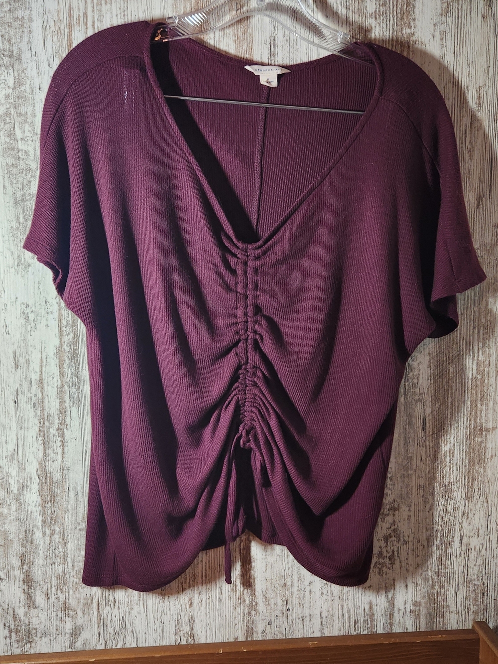 Aeropostale Plum Purple Knit Gathered Ruched Front V-Neck Top Size Medium